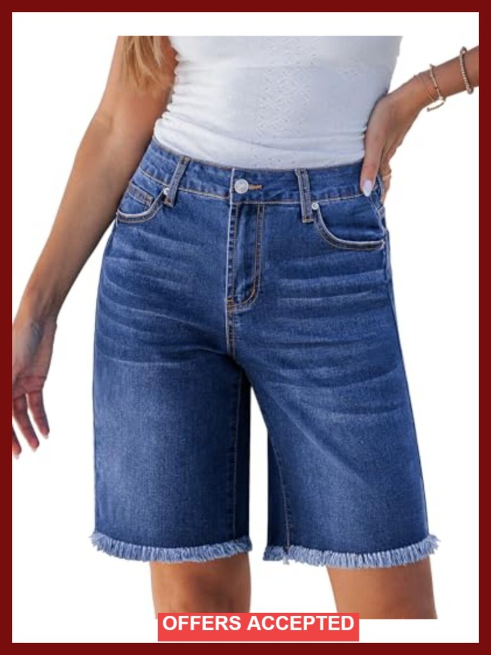 Mid Rise Raw Hem Bermuda Shorts Stretchy Denim Knee Length Jorts